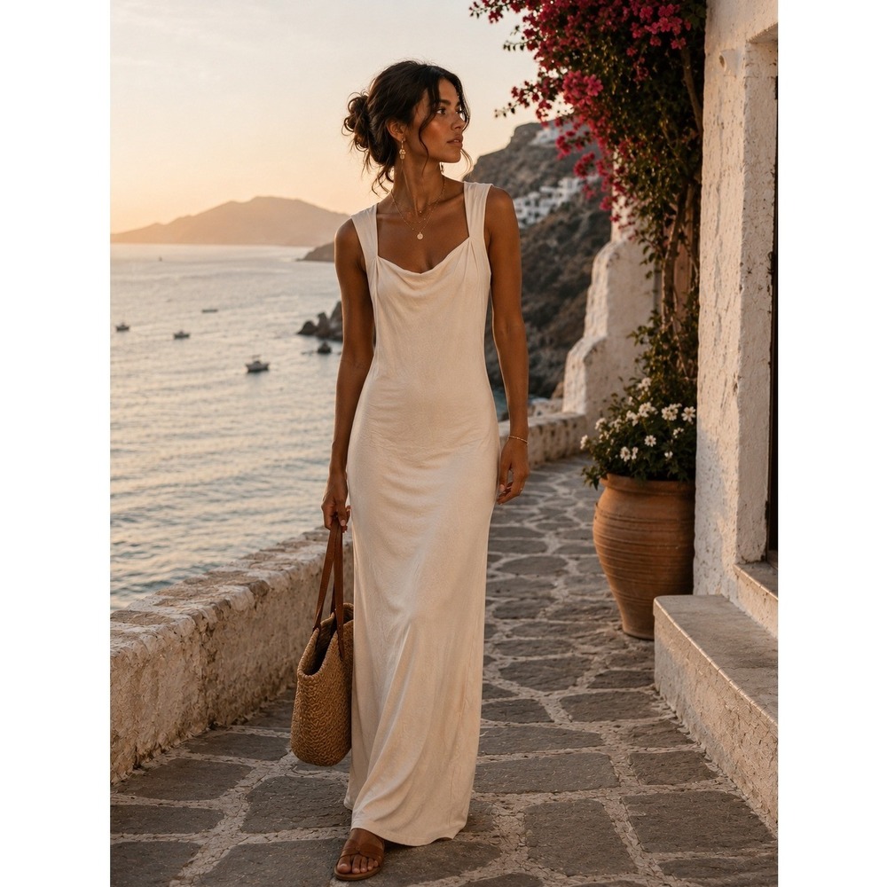 Oh Polly Womens 14 Dress Ivory Modal Blend Sleeveless Square Neck Maxi Coastal
